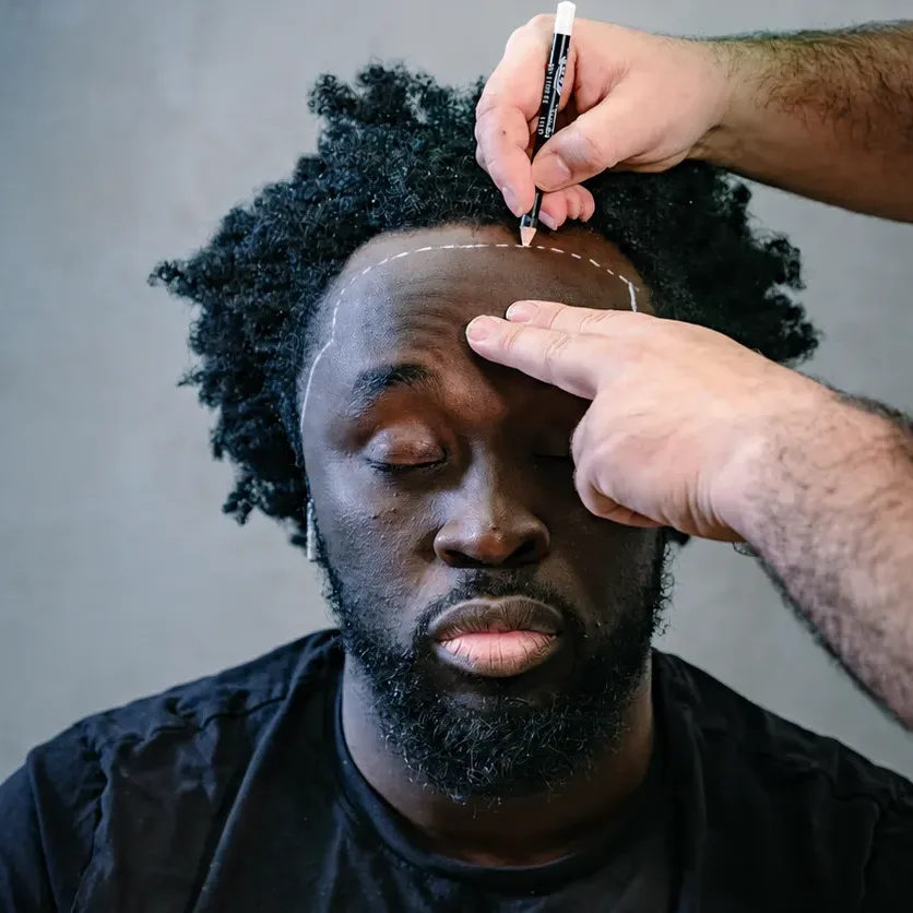 Doctor marking a new hairline on a patient with afro-textured hair