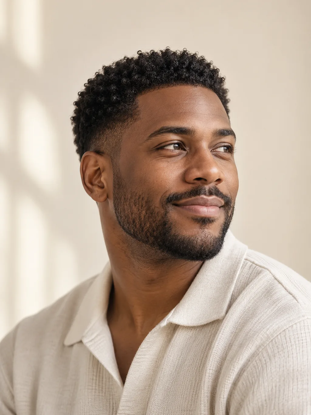 Smiling man with short, natural afro-textured hair