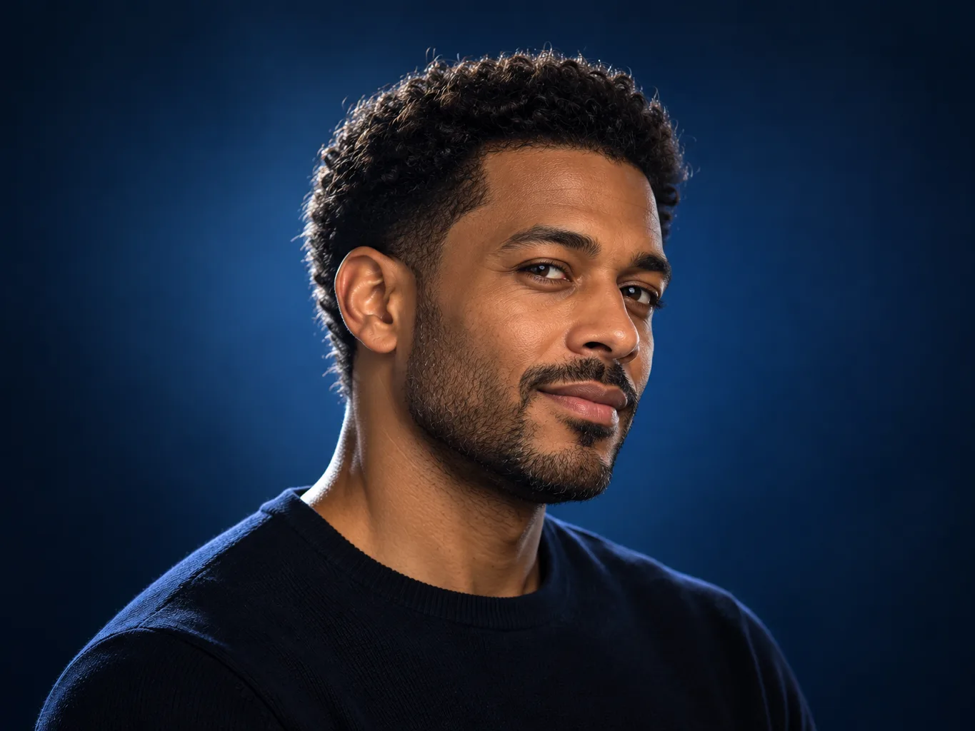 Man with short afro-textured hair against a dark blue background